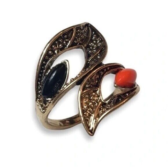 Vintage Gold Tone Ring Orange Black Rhinestones Lily Flowers - Picture 1 of 8